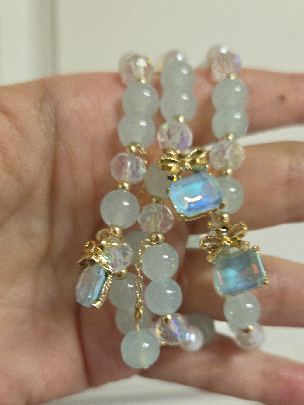 3 Gold Bow Crystal & Aquamarine Bead Bracelet Set - Women's Jewelry